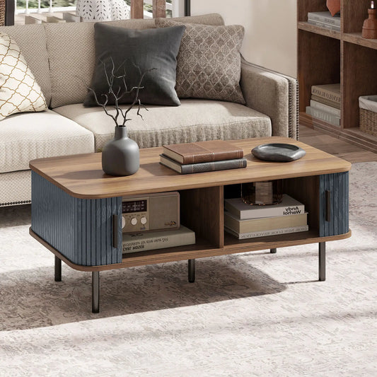 Nordic Side Table with Fluted Tambour Sliding Doors and Steel Legs, Coffee Table with Storage for Living Room, Black Coffee Tables Black, Walnut at Gallery Canada