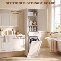 71" Tall Bathroom Storage Cabinet, Narrow with Laundry Basket, White