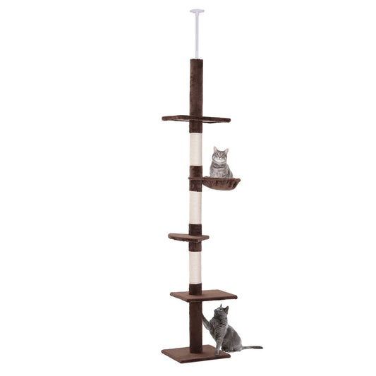 8.5ft Cat Climbing Tree, 5-Tier Kitty Activity Center, Scratching Post, Brown and White Floor to Ceiling Cat Trees Brown and White at Gallery Canada