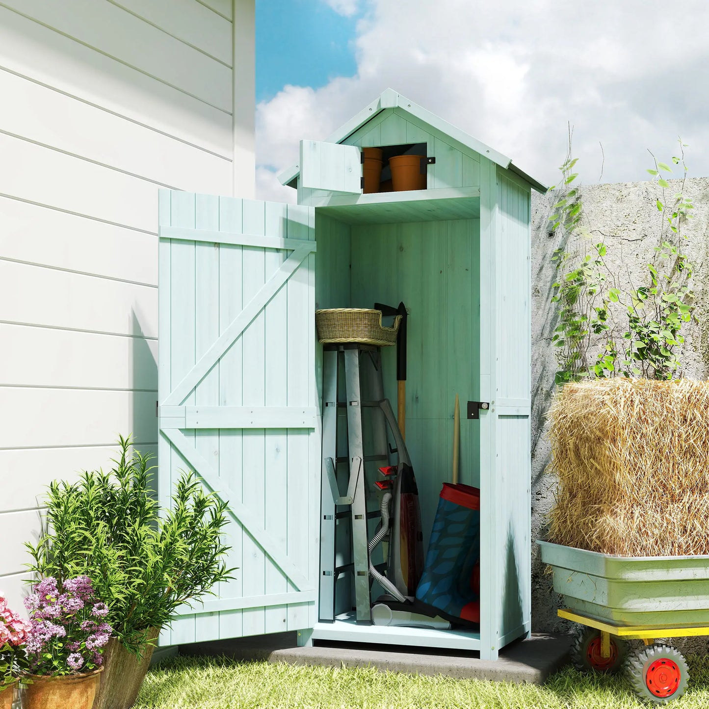 30" x 21" x 71" Garden Storage Shed, Outdoor Tool House, 3 Tier Shelves, Blue Sheds at Gallery Canada