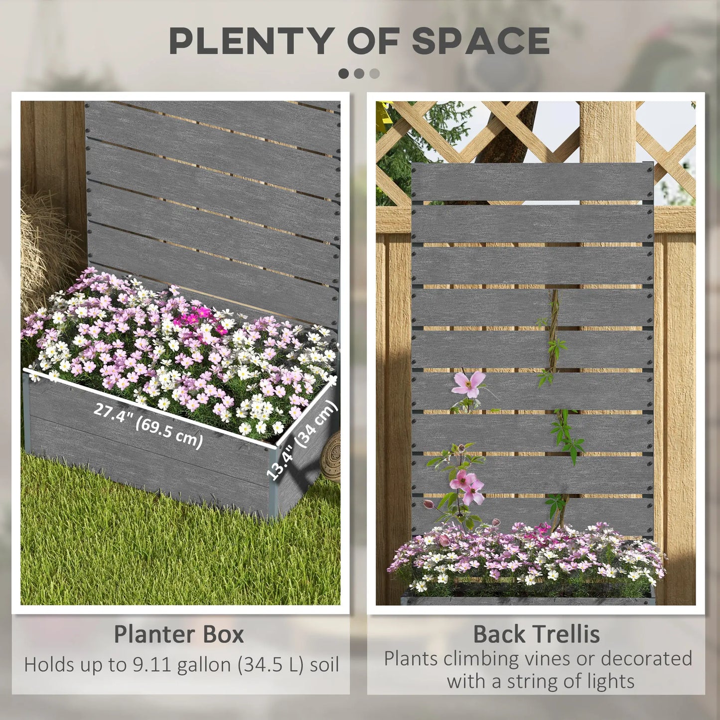 Raised Garden Bed With Trellis, Elevated Planter Box, 28" x 15" x 59", Dark Grey Wooden Planter Boxes at Gallery Canada
