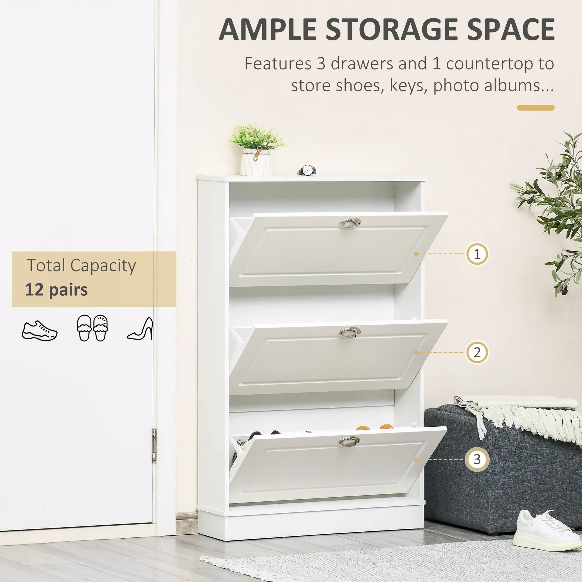 Shoe Cabinet, 3 Flip Drawers, Narrow, Holds 12 Pairs, White Shoe Storage Cabinets & Racks at Gallery Canada