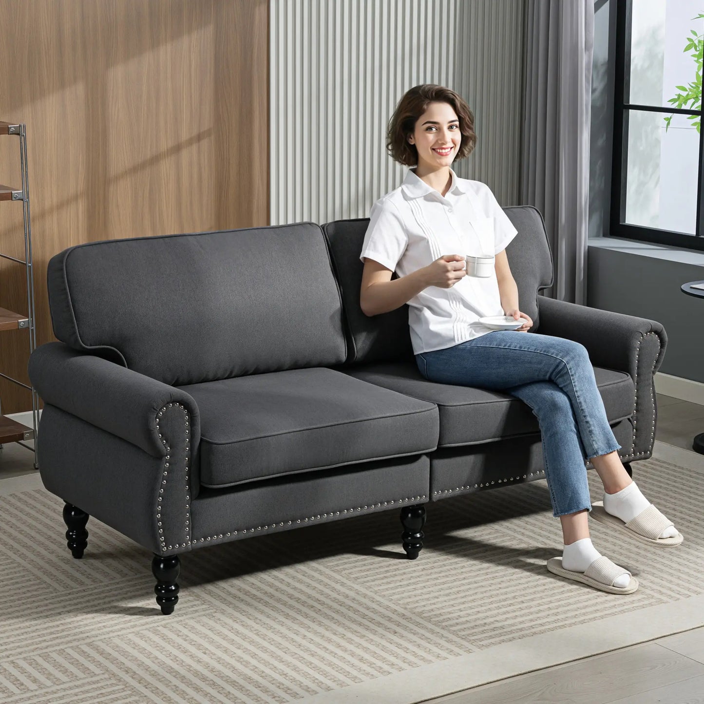 Midback Double Sofa, Sponge Padding, 2 Seater, Rubber Wood Leg, Dark Grey 2-Seater Sofas at Gallery Canada