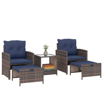 5 Piece Patio Set, Wicker Chairs With Ottomans, Glass Coffee Table, Brown/Dark Blue Patio Furniture Sets at Gallery Canada