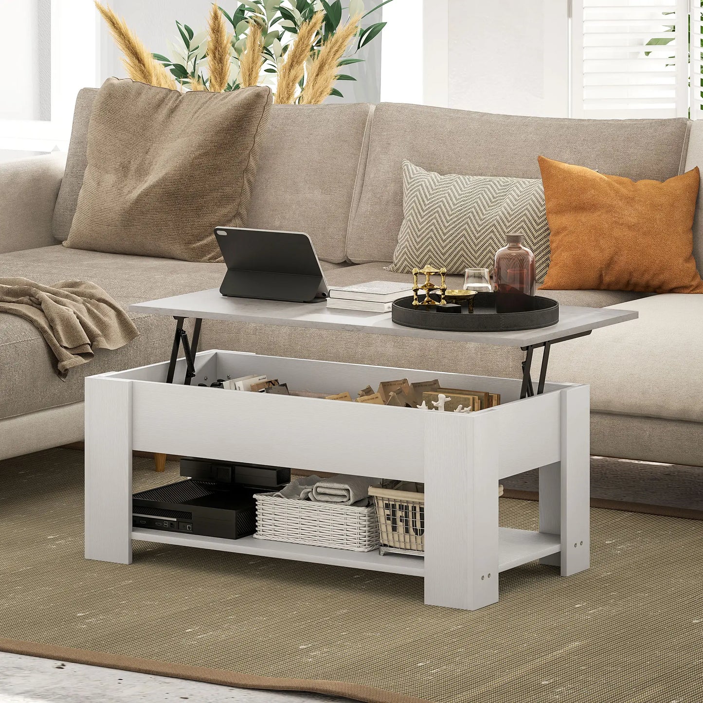 Lift Top Coffee Table, Hidden Storage, Open Shelf, White Coffee Tables at Gallery Canada