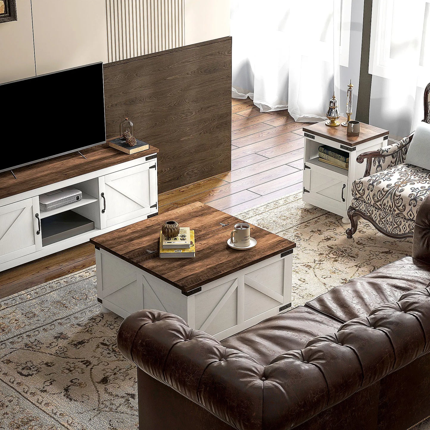 Lift Top Coffee Table, 32" Farmhouse with Hidden Compartment, Antique White, White Coffee Tables at Gallery Canada