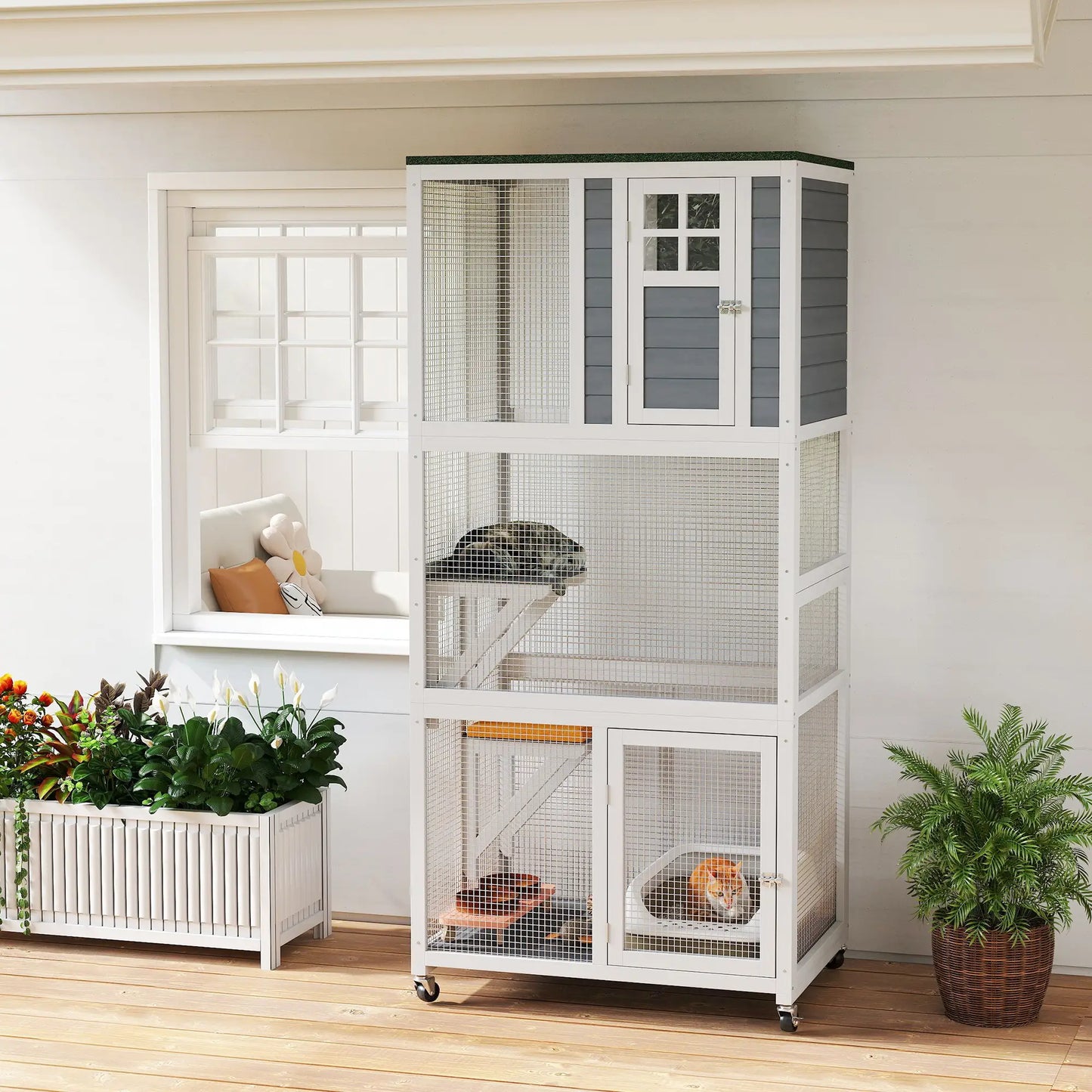 74" Wooden Outdoor Cat House, Weatherproof, Wheeled, High Weight Capacity, White Outdoor Cat Enclosures White, dark grey, green at Gallery Canada