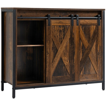 Industrial Sideboard, Buffet Cabinet with Sliding Barn Doors, Rustic Brown, Brown Bar Cabinets at Gallery Canada
