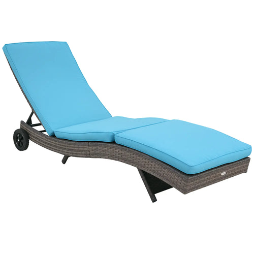 Adjustable Wicker Chaise Lounge Chair with Cushion, Wheels, Sky Blue