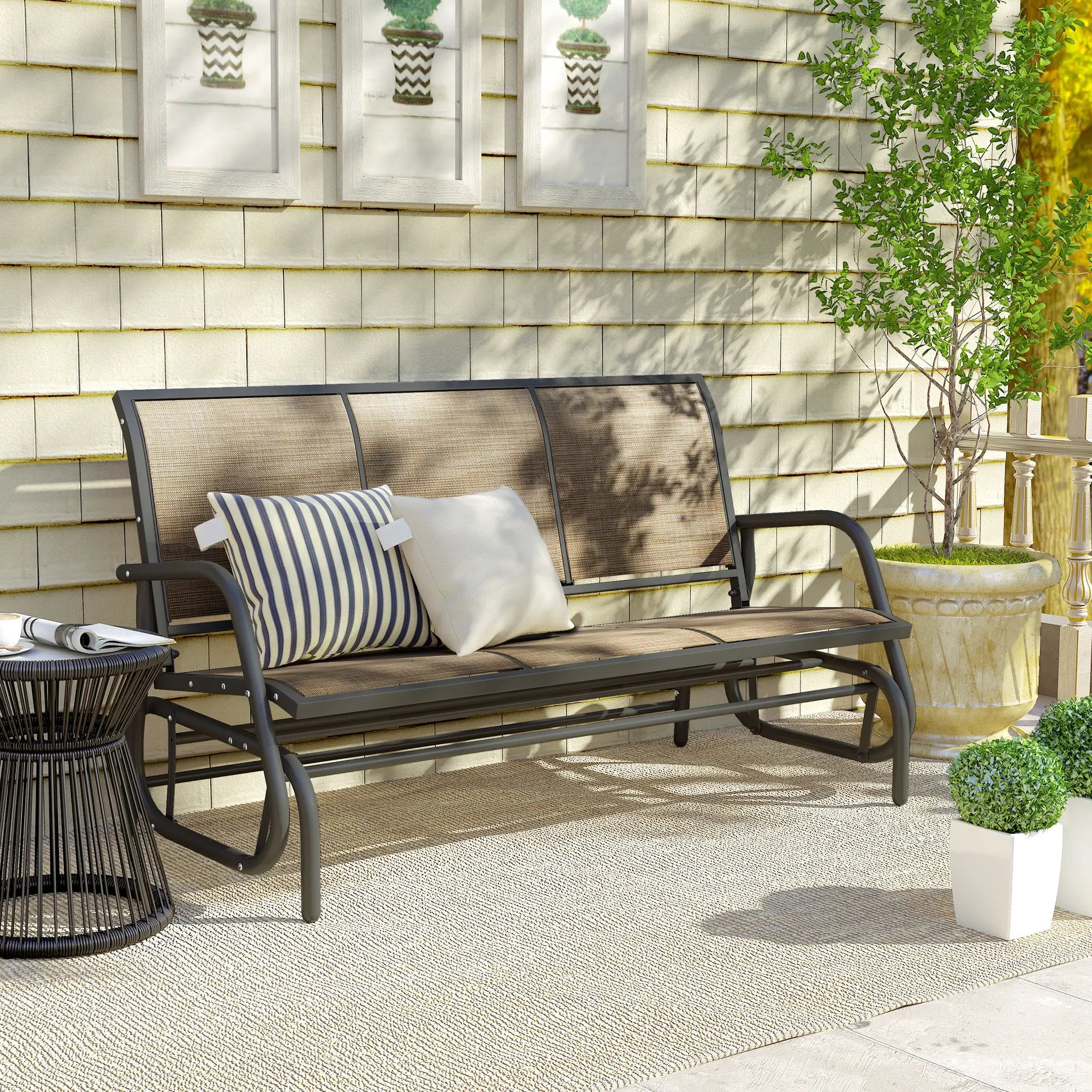 3-Seat Outdoor Glider Chair, Steel Frame, Sling Fabric, Brown Outdoor Gliders at Gallery Canada