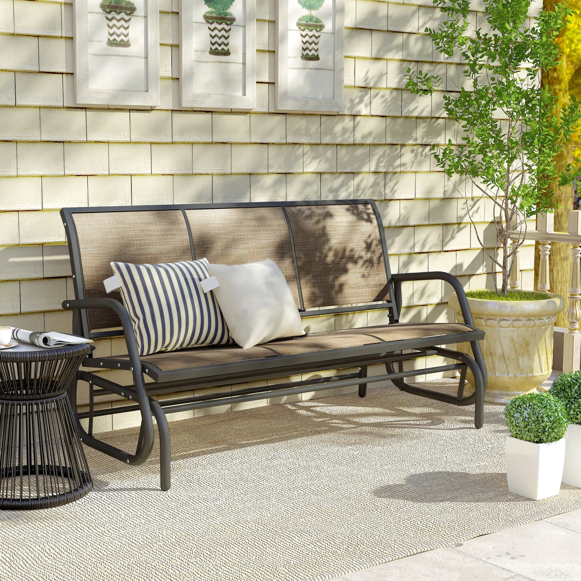 3-Seat Outdoor Glider Chair, Steel Frame, Sling Fabric, Brown Outdoor Gliders at Gallery Canada