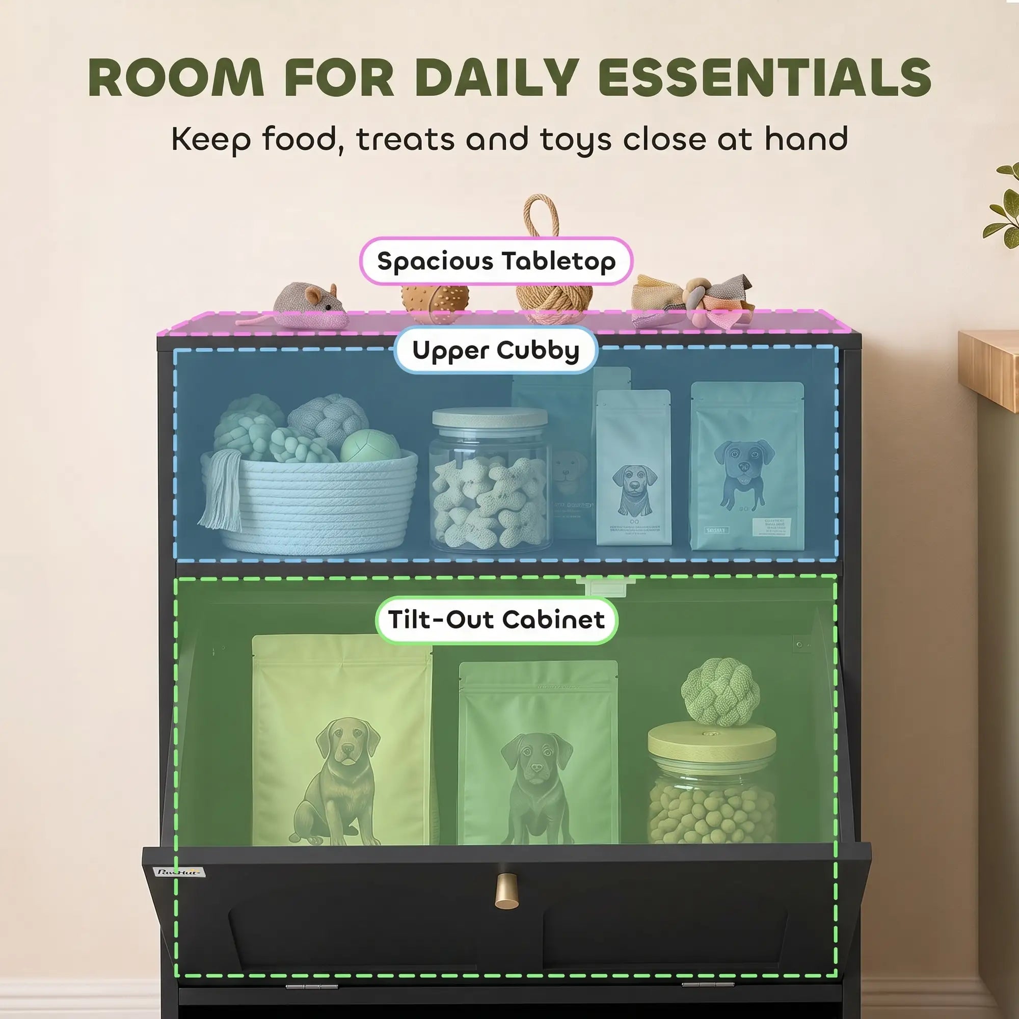 Dog Feeding Station, Food Storage Cabinet, 2 Elevated Bowls, Black Dog Bowls at Gallery Canada