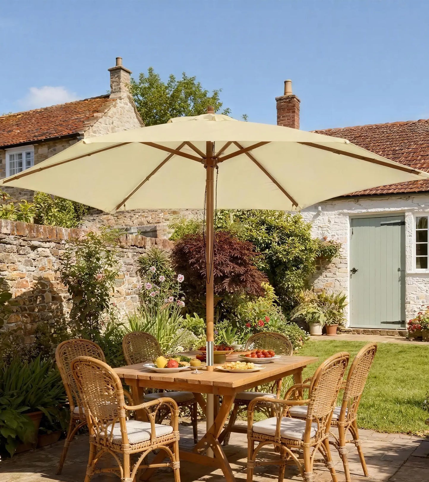 8FT Wood Market Umbrella, Round Garden Parasol, Bamboo Ribs, Cream White Sun Umbrellas at Gallery Canada
