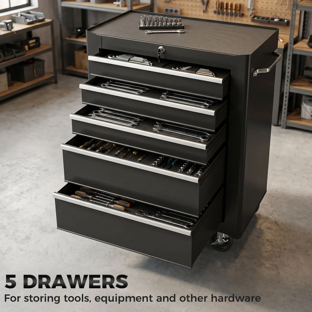 5-Drawer Rolling Tool Cabinet, Lockable Tool Chest, Black Tool Organizers at Gallery Canada