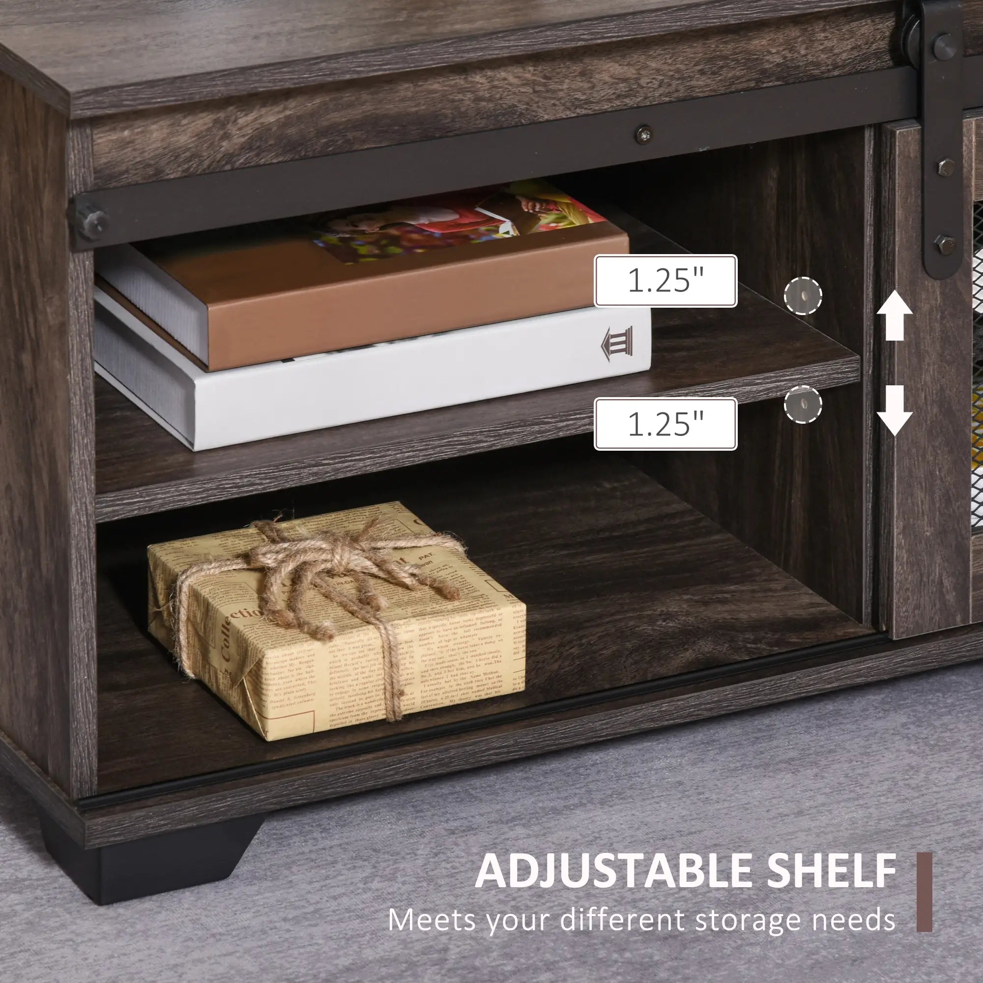 Farmhouse Coffee Table, Sliding Mesh Barn Door, Adjustable Shelf, Dark Brown Coffee Tables at Gallery Canada