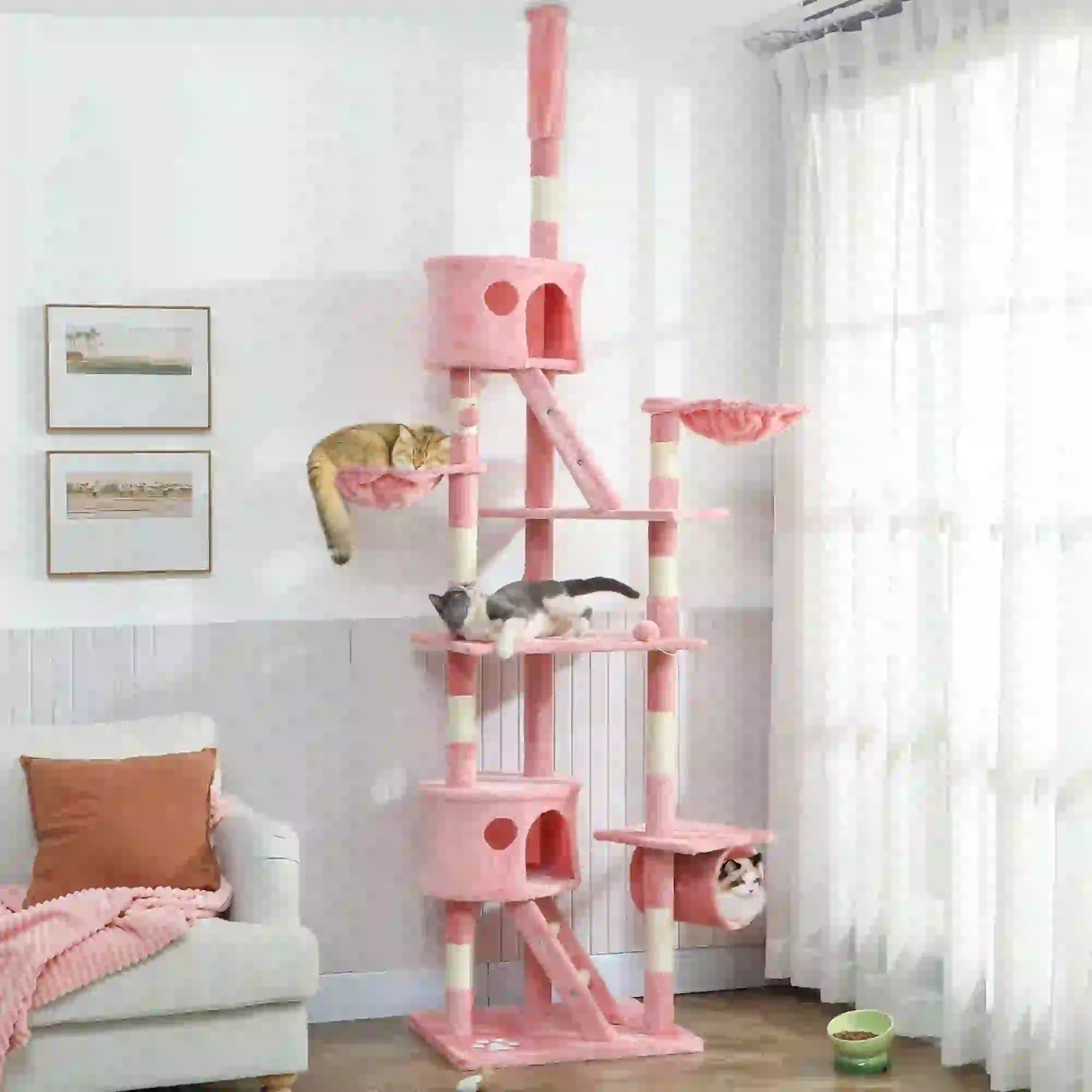 94"-102" Floor To Ceiling Cat Tree, Multi-Level Play House, Pink