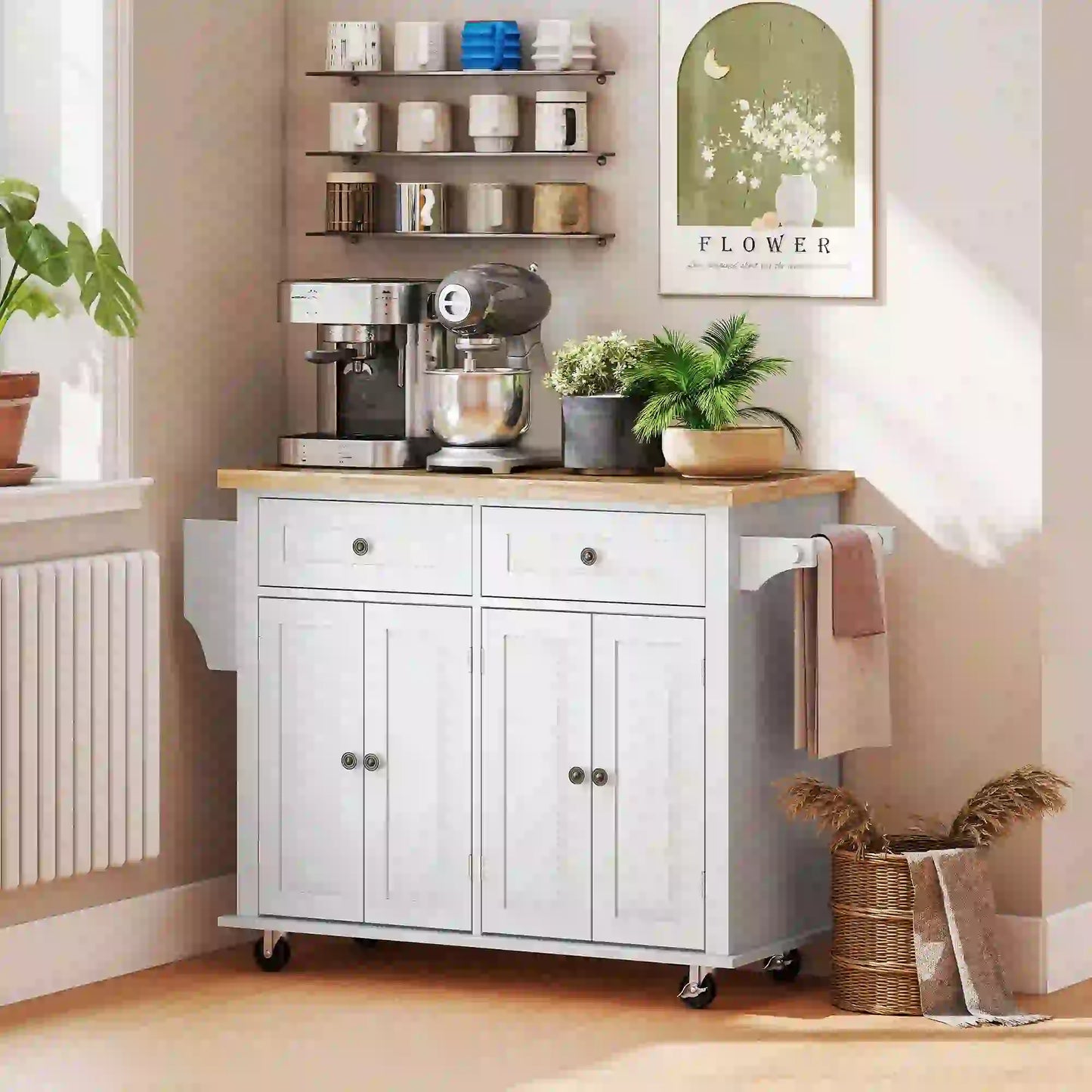 Kitchen Island with Storage, Rolling Trolley Cart with Rubber Wood Top, Spice Rack, Towel Rack, Grey Kitchen Islands & Kitchen Carts at Gallery Canada