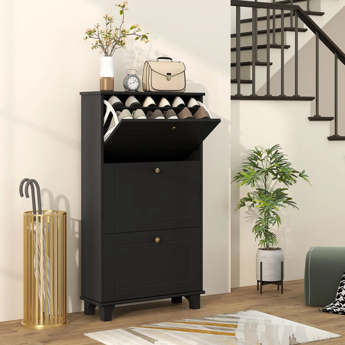 Narrow Shoe Storage, 3 Flip Drawers, Adjustable Shelves, Holds 12 Pairs, Black Shoe Storage Cabinets & Racks at Gallery Canada