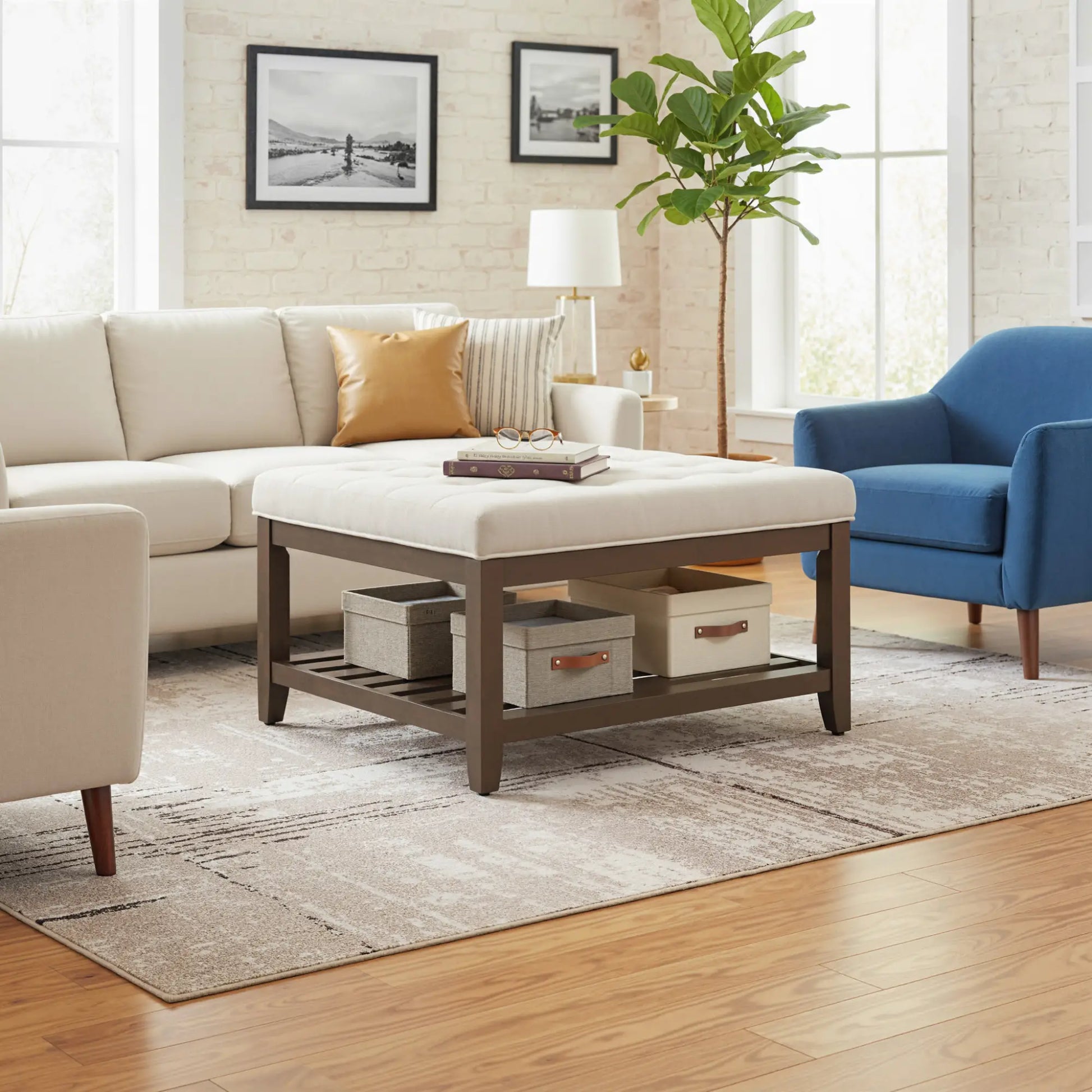 32 Inch Ottoman Coffee Table, Beige Linen Upholstered Storage Footstool, Beige Coffee Tables at Gallery Canada
