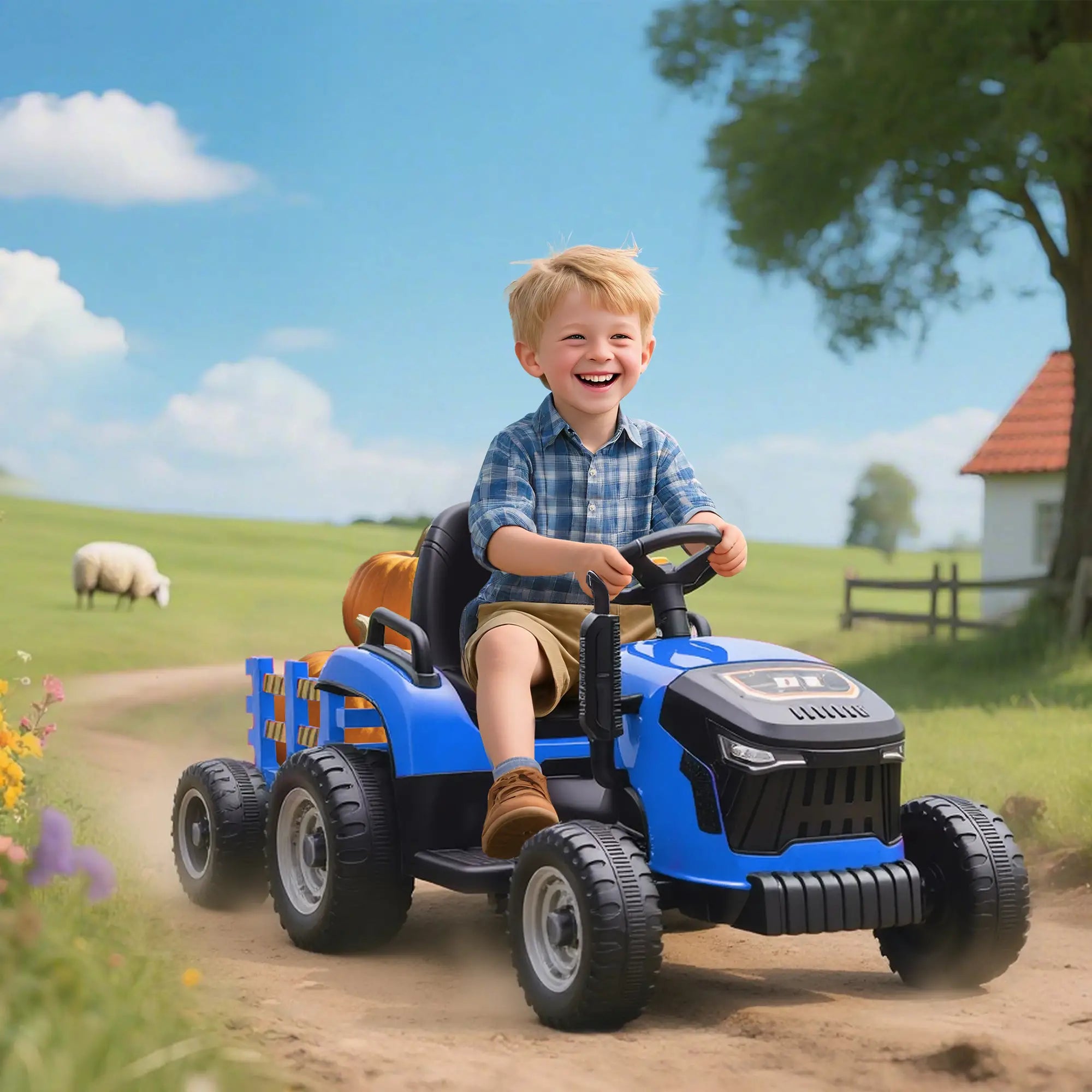 12V Kids Ride On Tractor with Trailer, Remote Control, Blue Toy Excavators at Gallery Canada