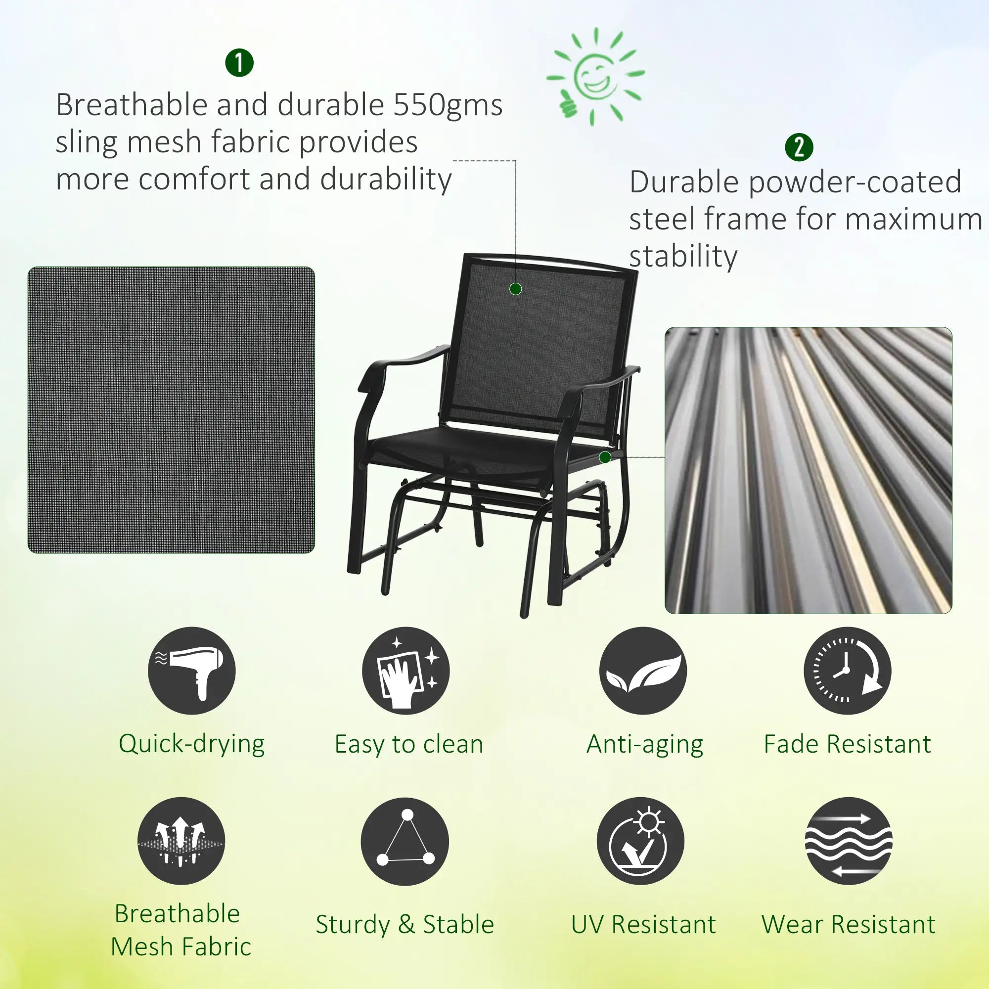 3 Piece Patio Glider Set, Breathable Mesh Seat, Glass Top Table, Black Outdoor Gliders at Gallery Canada