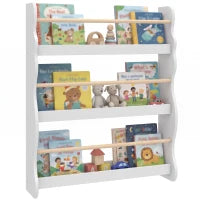 Étagère Murale pour Enfants, Bibliothèque Flottante 3 Niveaux pour 3-8 Ans, Blanc