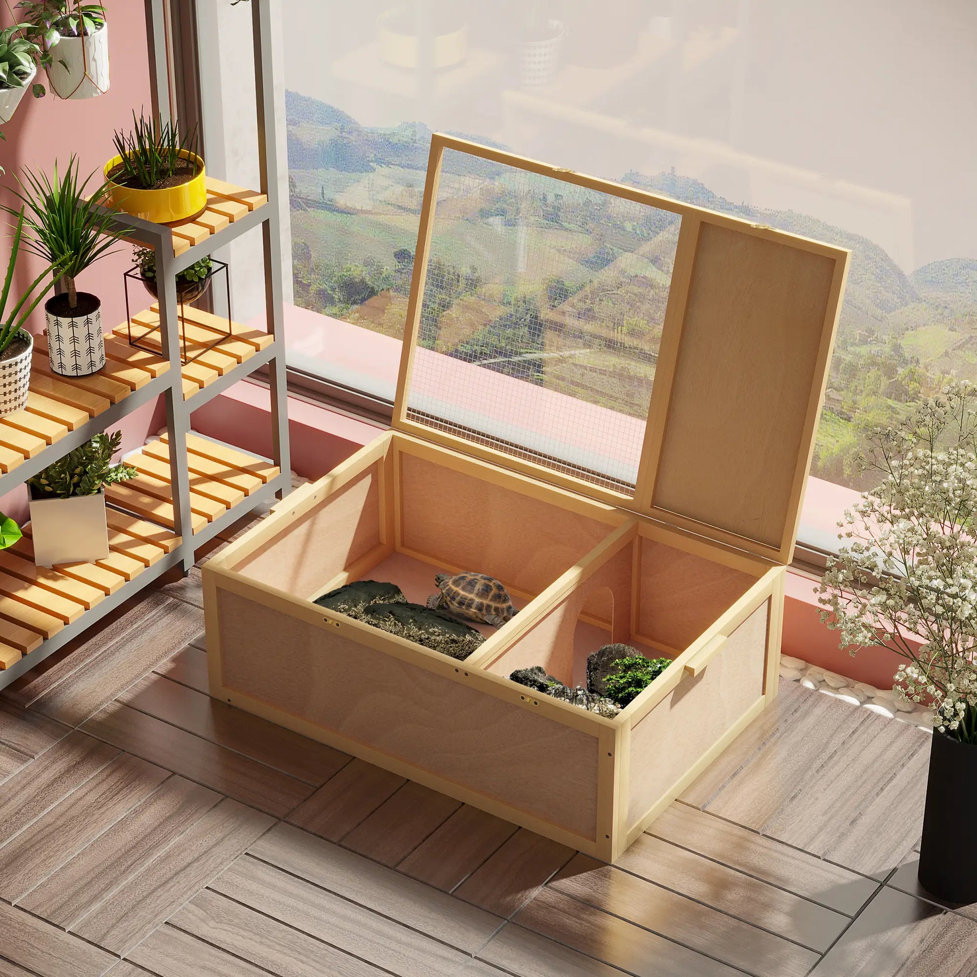 Wooden Tortoise Enclosure, Two Room Design, Indoor Use, 37" x 25" x 13", Nature Wood Houses & Habitats at Gallery Canada