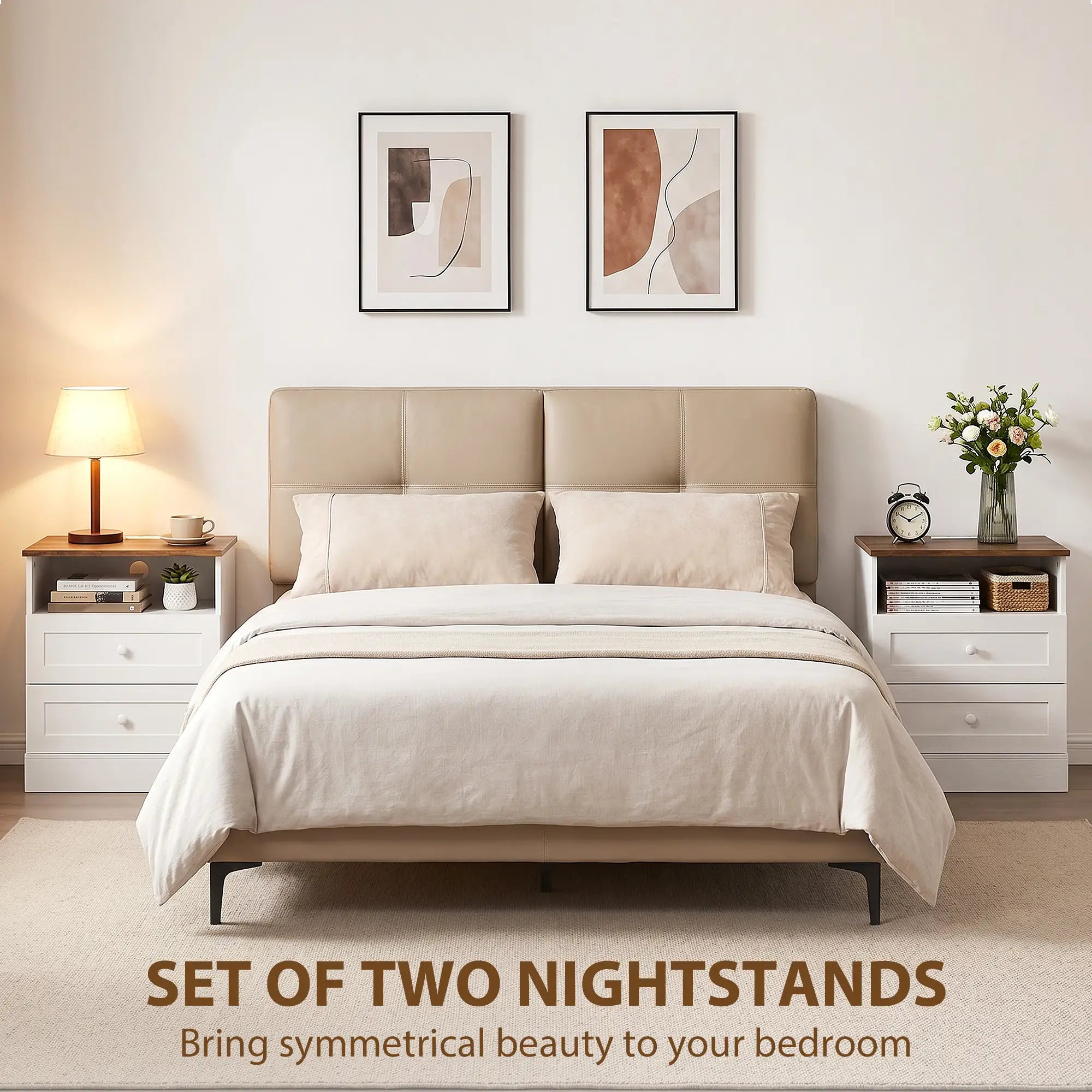 Nightstand with Charging Station 2 Drawers Bedside Table Set of 2 White and Oak Bedside Tables at Gallery Canada