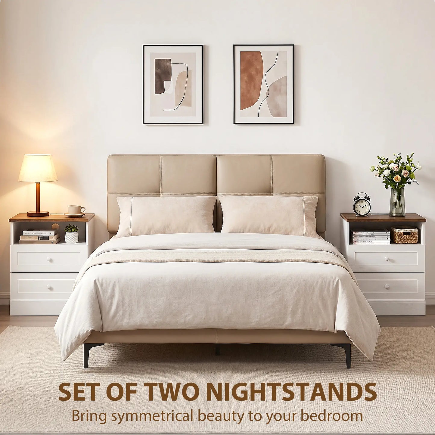 Nightstand with Charging Station 2 Drawers Bedside Table Set of 2 White and Oak Bedside Tables at Gallery Canada