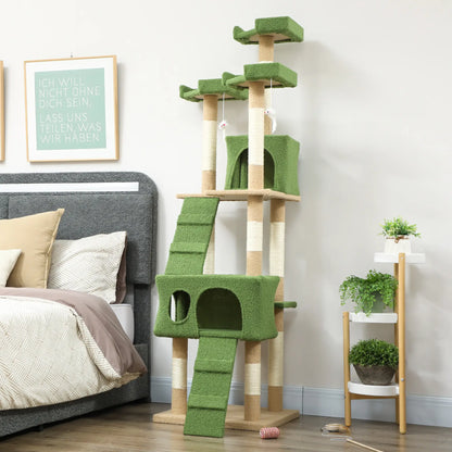 68-Inch Cat Scratching Tree, Multi-Level Activity Center, Green