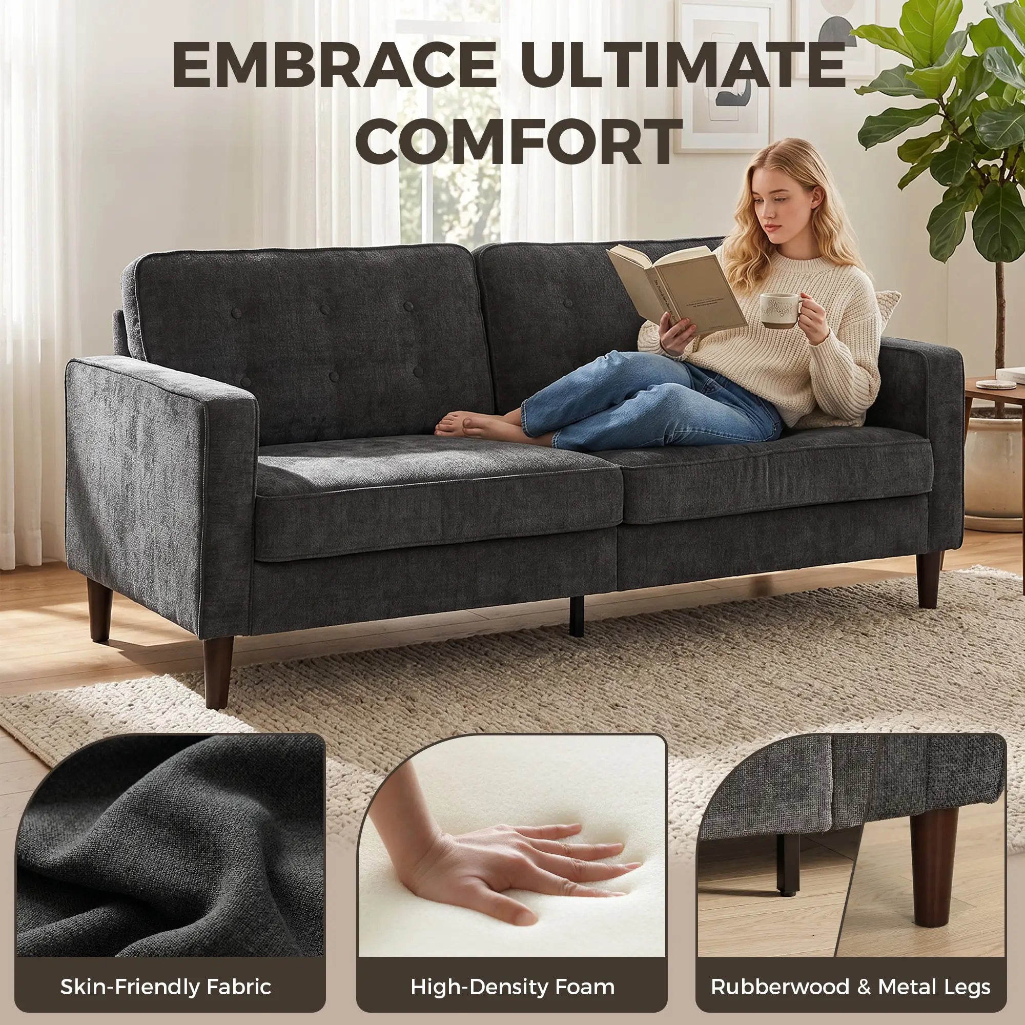 3 Seater Sofa Upholstered with Padded Cushion Modern Button Tufted Couch with Wood Legs, Dark Grey 3-Seater Sofas at Gallery Canada