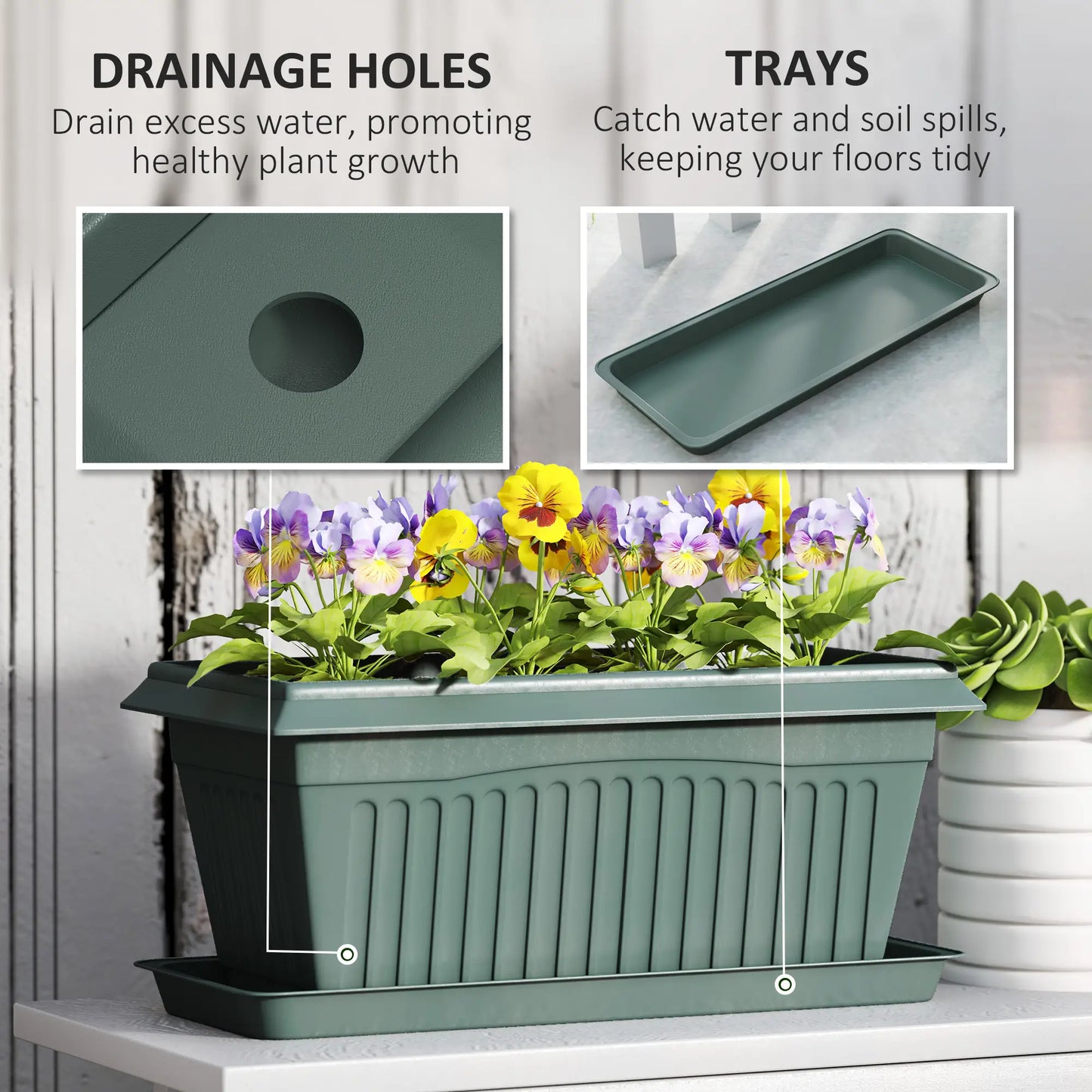 7 Pack 15.7" Plastic Flower Planters, Drainage Holes, Trays, Green Garden Accessories at Gallery Canada