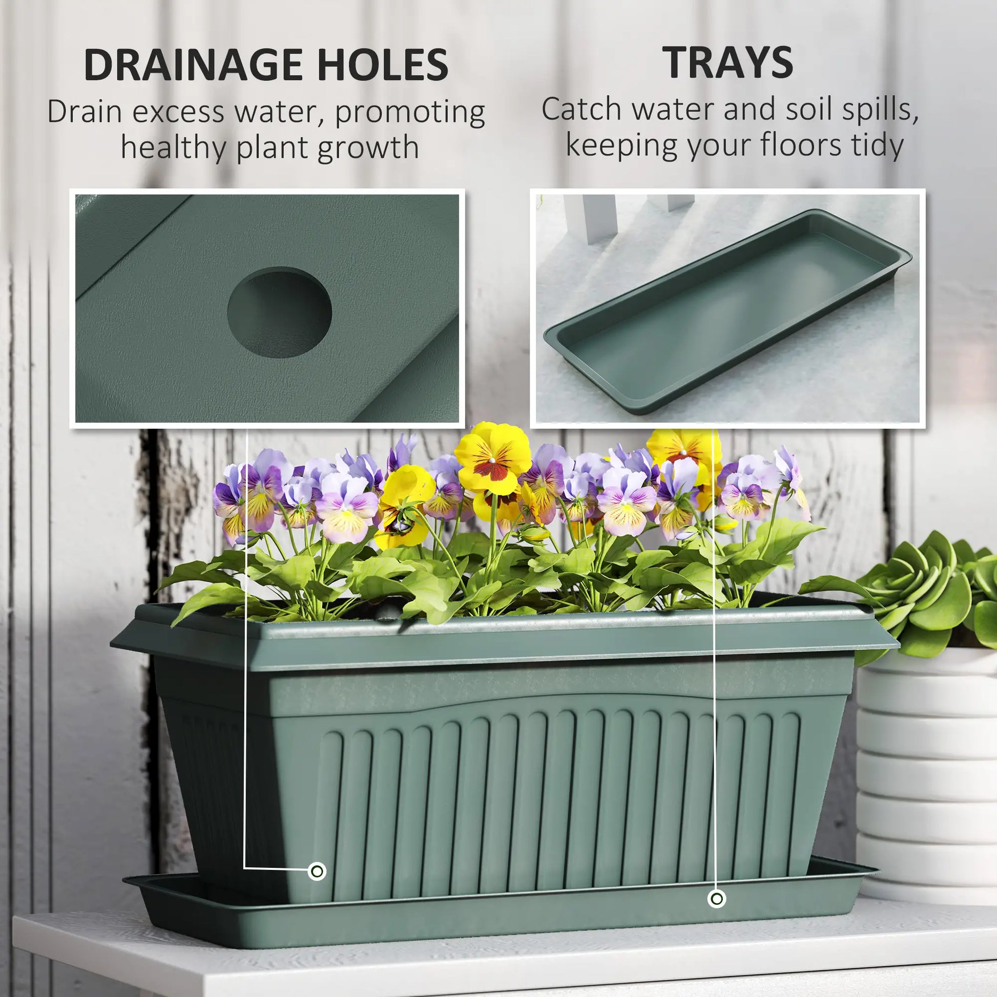 7 Pack 15.7" Plastic Flower Planters, Drainage Holes, Trays, Green Garden Accessories at Gallery Canada