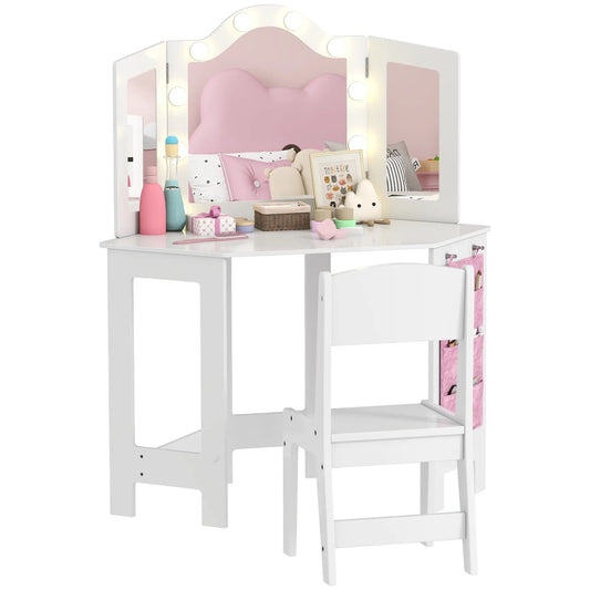 Kids Vanity Table and Chair Set with Lights, Tri-Fold Mirror, White Kids Bedroom Furniture White, Pink at Gallery Canada