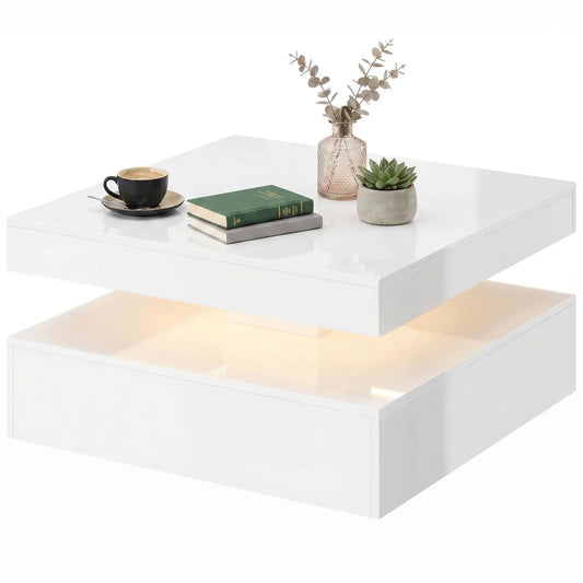 LED Coffee Table with Storage, 2-Tier Modern Center Table with Open Shelf and Remote for Living Room, High Gloss White Coffee Tables High Gloss White at Gallery Canada