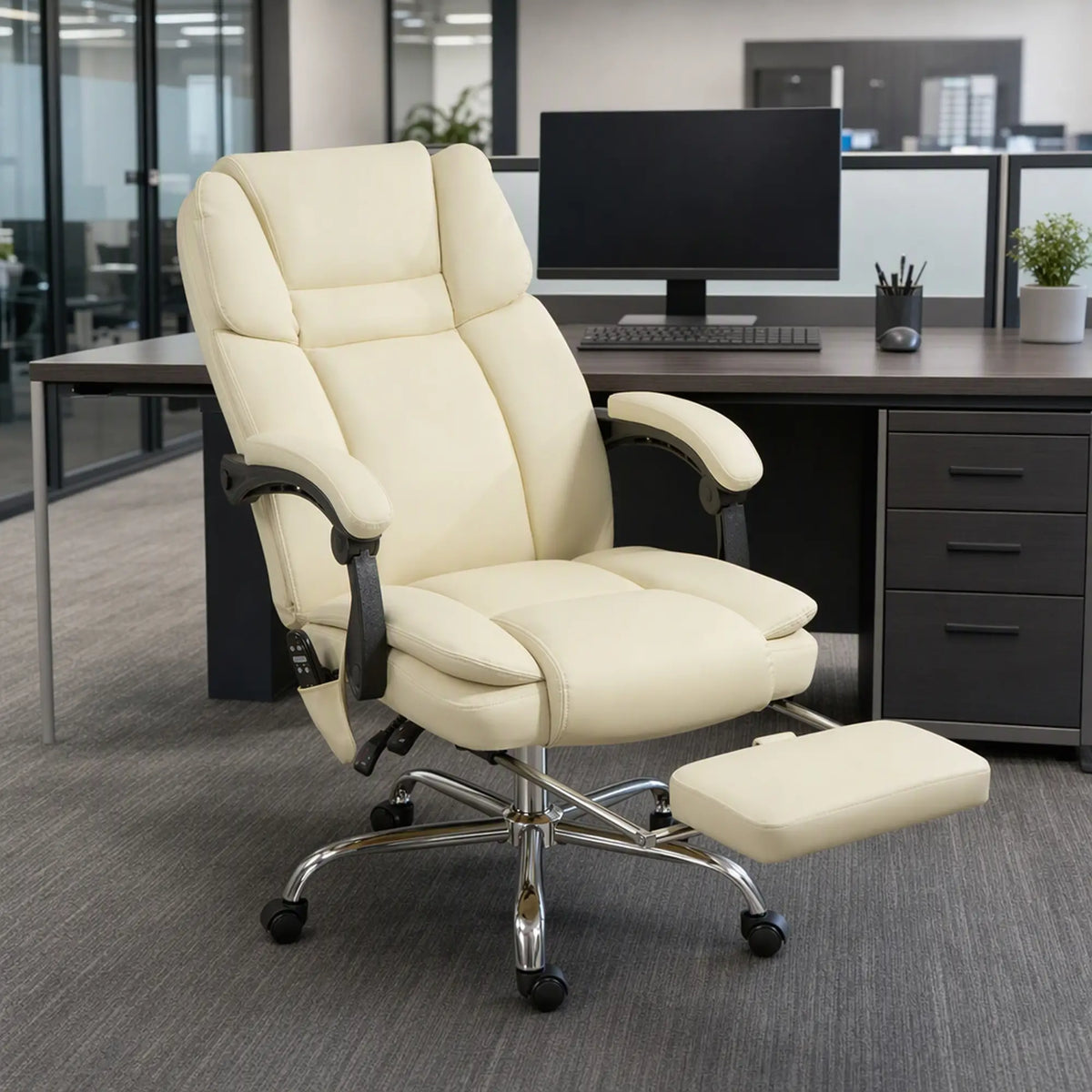 Reclining Massage Office Chair, 6-Point Vibration, Footrest, High Back, White Massage Chairs at Gallery Canada
