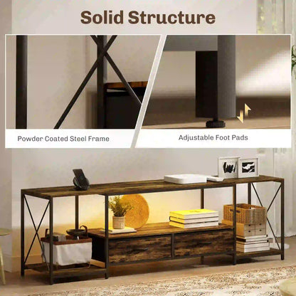 Industrial TV Stand For 60 Inch TV, Rustic Brown, With Charging Station And RGB LED Lights, Brown TV Stands at Gallery Canada