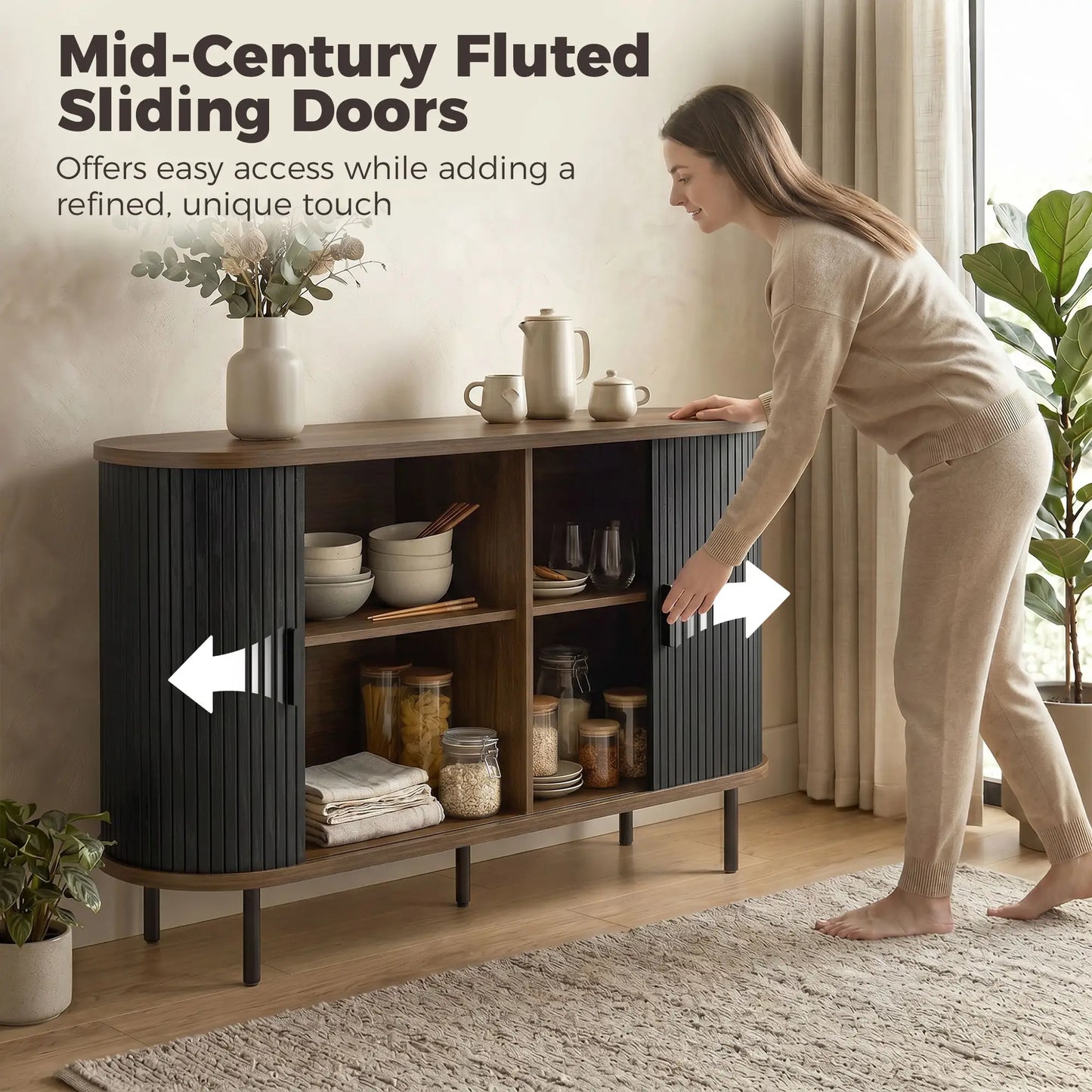 Fluted Sideboard Buffet Cabinet, 55", Black