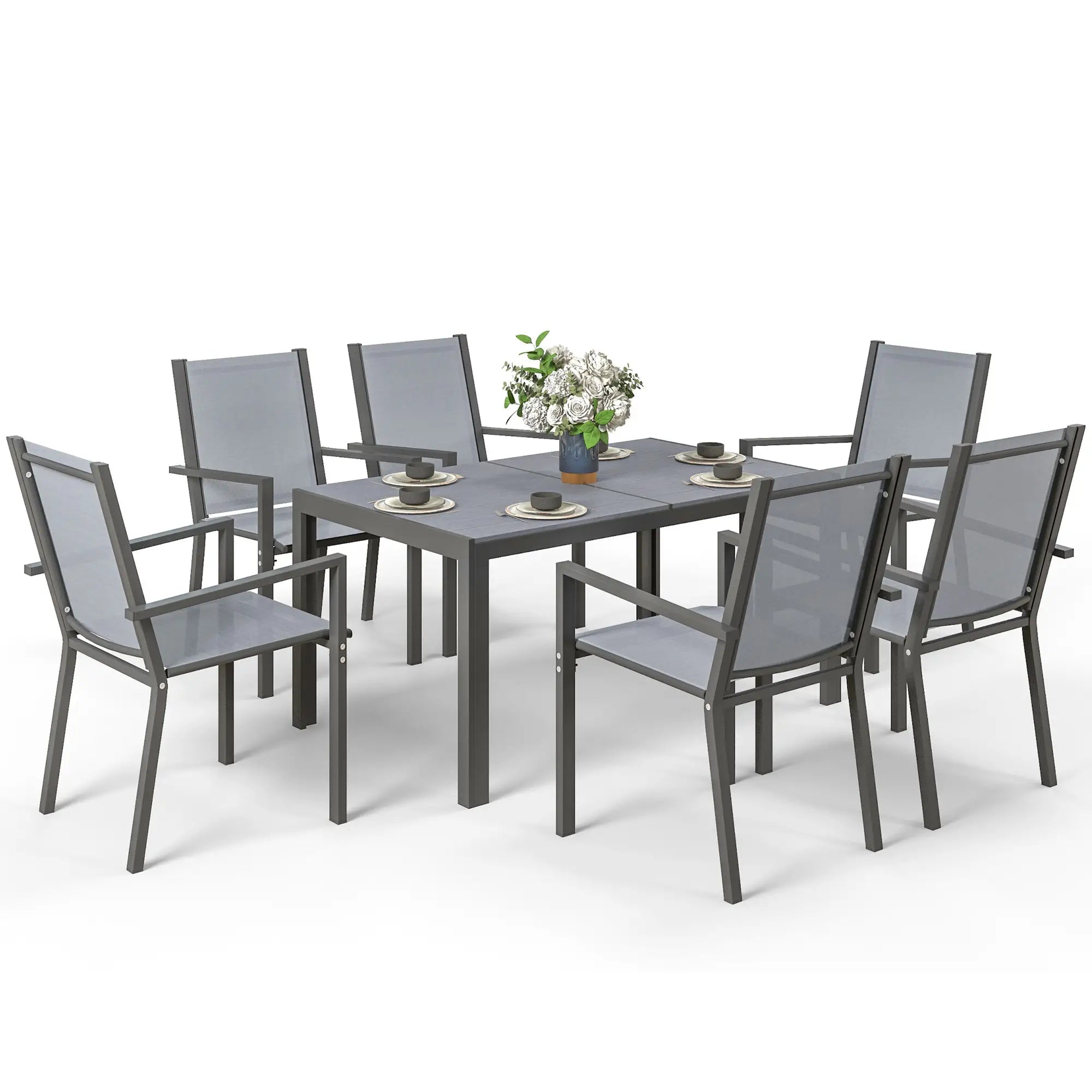 7 Piece Outdoor Dining Set, Rectangular Table, 6 Stackable Chairs Outdoor Dining Sets Light Grey, Dark Grey at Gallery Canada