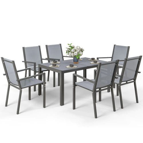 7 Piece Outdoor Dining Set, Rectangular Table, 6 Stackable Chairs