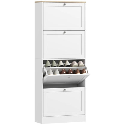 Shoe Storage Cabinet, 4 Flip Drawers, Adjustable Shelves, 18-24 Pairs, White