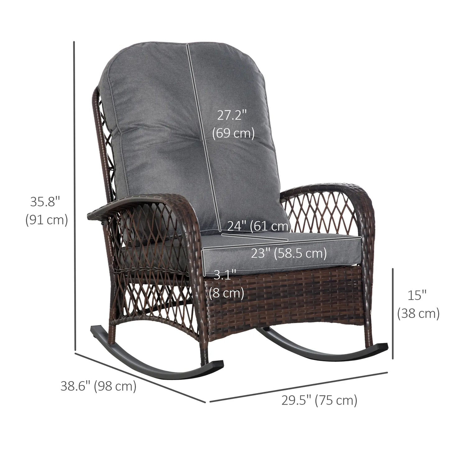 Rattan Rocking Chair, Outdoor Wicker Patio Rocker with Cushions, Grey Outdoor Rocking Chairs at Gallery Canada