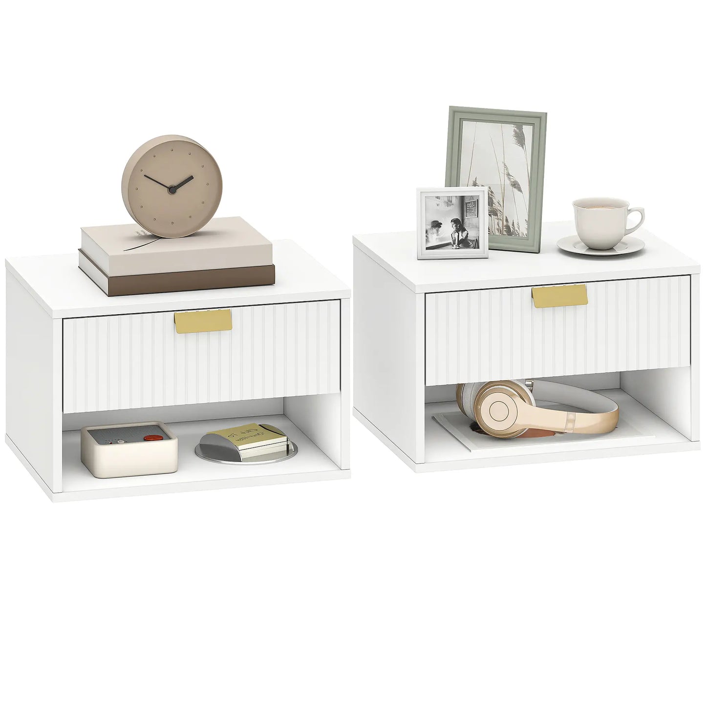 Set of 2 Floating Nightstands, Wall Mounted with Fluted Drawer and Shelf, White