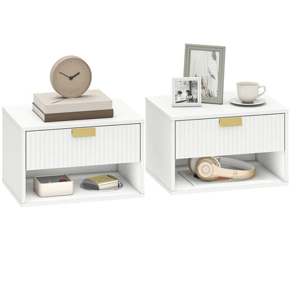 Set of 2 Floating Nightstands, Wall Mounted with Fluted Drawer and Shelf, White