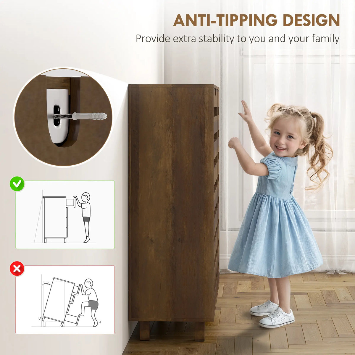 Armoire à chaussures, rangement 21 paires, portes évidées, marron vieilli