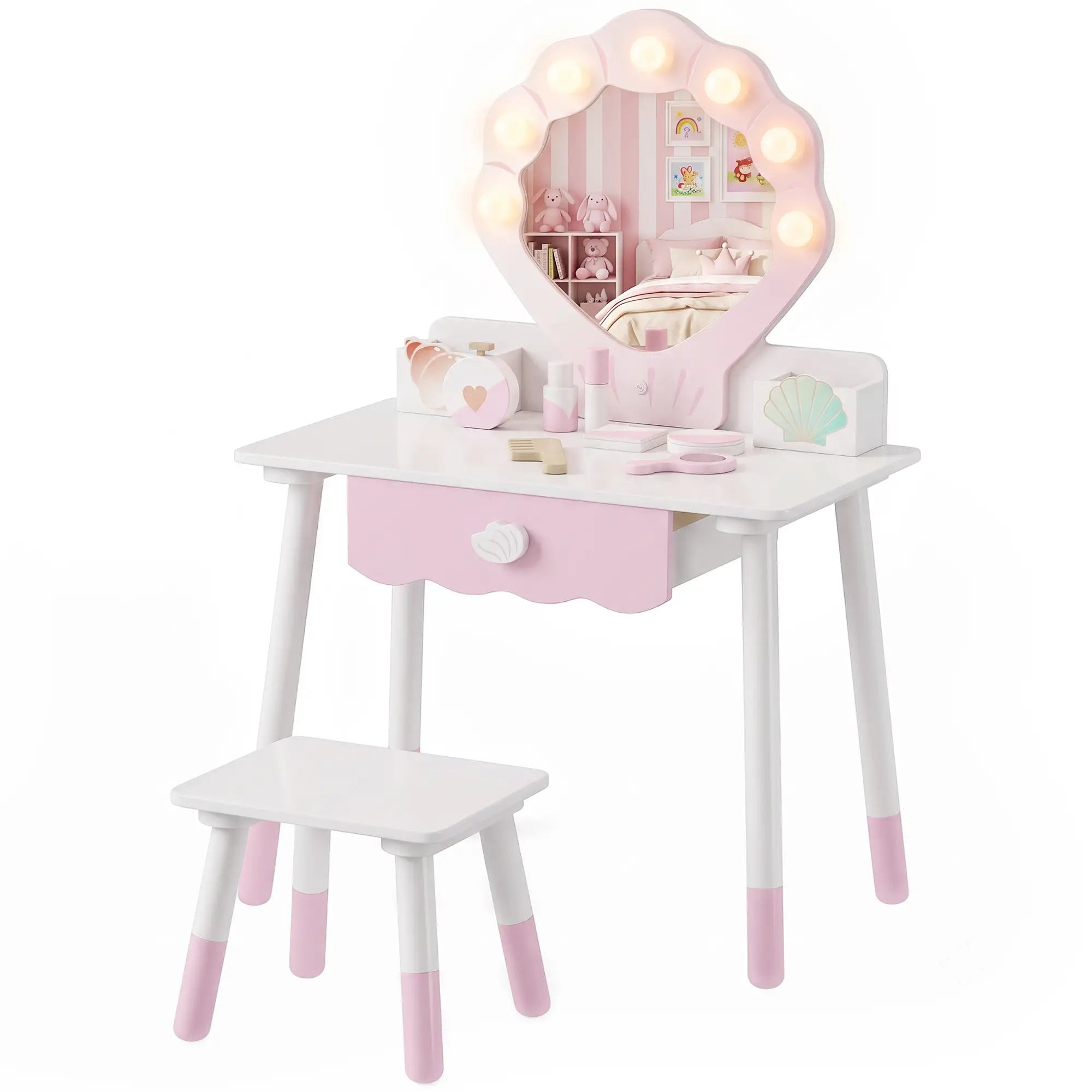 Kids Vanity Set with Lights, Mirror, Stool, Accessories for 3-8 Years, Pink Toy Vanity Pink, White at Gallery Canada
