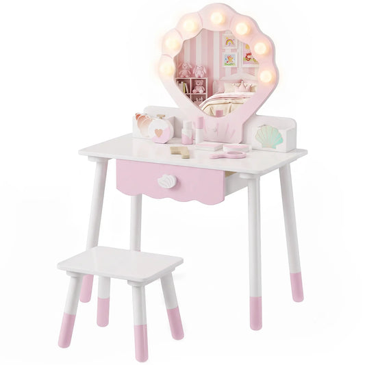 Kids Vanity Set with Lights, Mirror, Stool, Accessories for 3-8 Years, Pink Toy Vanity Pink, White at Gallery Canada