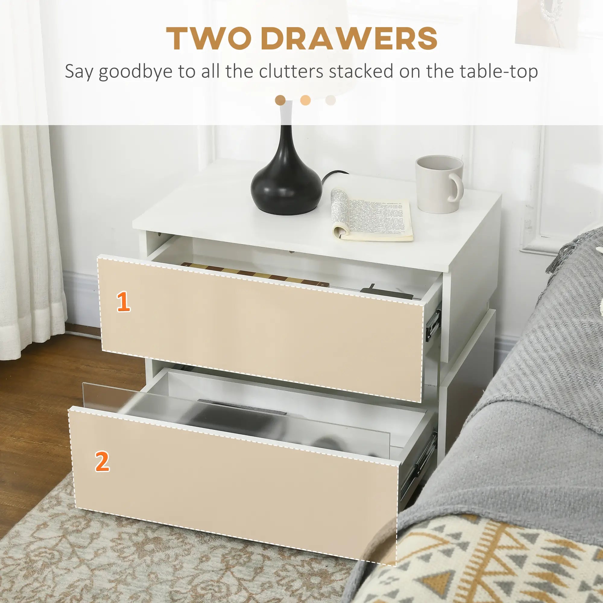 Modern Nightstand, 2 Drawers, USB RGB LED Lights, Remote, White Bedside Tables at Gallery Canada