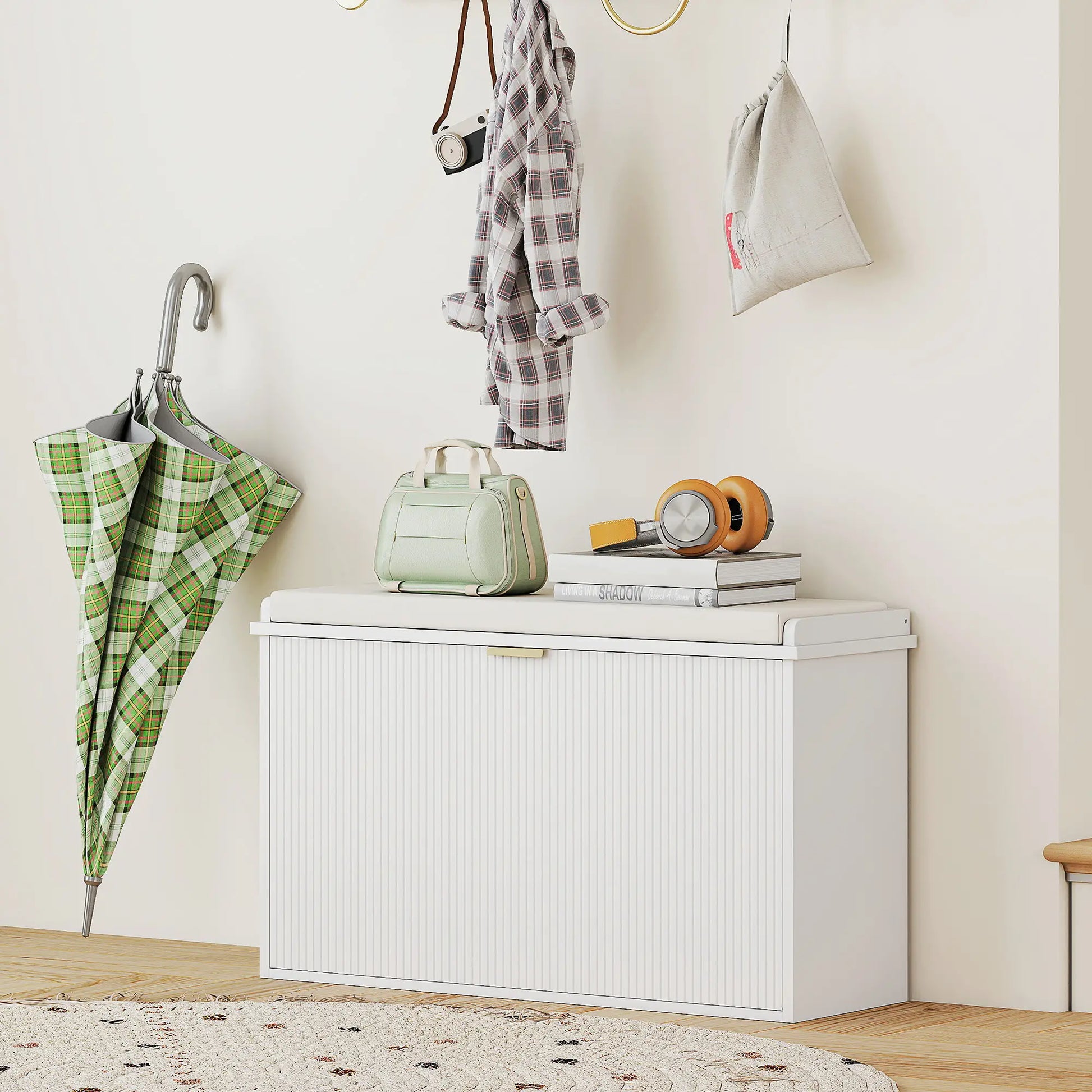Entryway Bench with Padded Seat, Flip-Drawers, Holds 265lbs, Shoe Storage for 8 Pairs, White Shoe Storage Cabinets & Racks at Gallery Canada