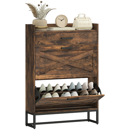 Slim Shoe Storage, 2 Flip Drawers, Adjustable Shelves, 12 Pair, Rustic Brown Shoe Storage Cabinets & Racks at Gallery Canada